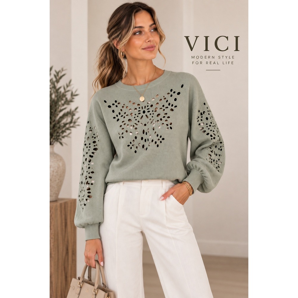 VICI Sage Green Eyelet Cutout Knit Sweater Puff Sleeve Crew Neck Size Medium